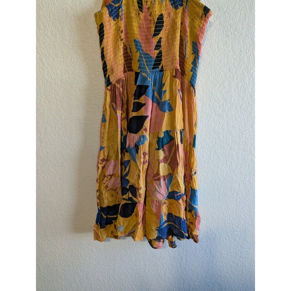 Angie Tropical Floral Twist Front Tiered Mini Dress Yellow Blue Pink Women Large - Picture 12 of 12